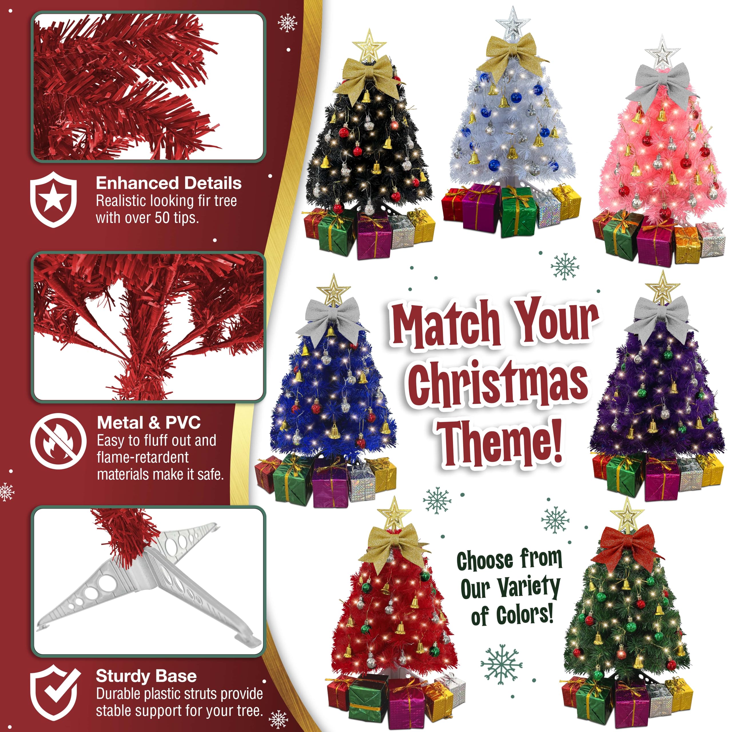 Small Red Christmas Tree with Lights - 23 Inch Mini Tabletop Christmas Tree with Warm-White LED Lights, Hanging Ornaments, Decor